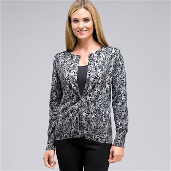 Button Front Crew Neck Cardigan, Grey Heather Multi, large