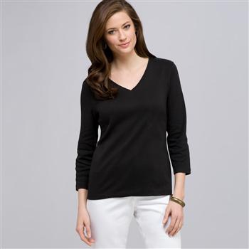 3/4 Sleeve V-Neck Top, Black, large